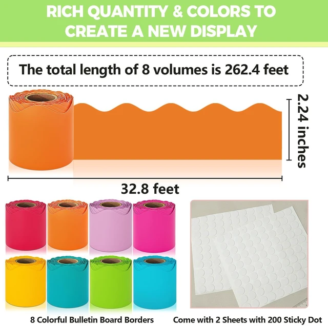 Alt view image 2 of 7 - Bulletin Board Borders, 8 Rolls 262.4 Ft, Bright Bulletin Board Decorations Rainbow Scalloped Trim, Back to School Classroom Decor, Chalkboard Wall & Whiteboard Trim DIY, Home, Office, Posters & Party