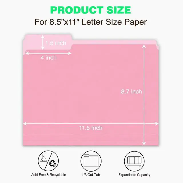 Alt view image 3 of 7 - Assorted Colored File Folders 100 Pack, Letter Size 8.5 x 11, 1/3-Cut Tab Color File Folders for Office, School, Home & Business Filing Supplies, Pink Yellow Blue Green Purple