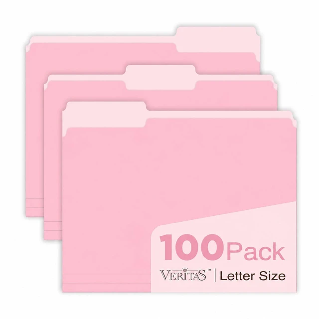 Main image of Pink File Folders 100 Pack, Letter Size 8.5 x 11, Colored File Folders with 1/3-Cut Tabs, Everyday Filing Folders for Office, School, Home & Business Supplies