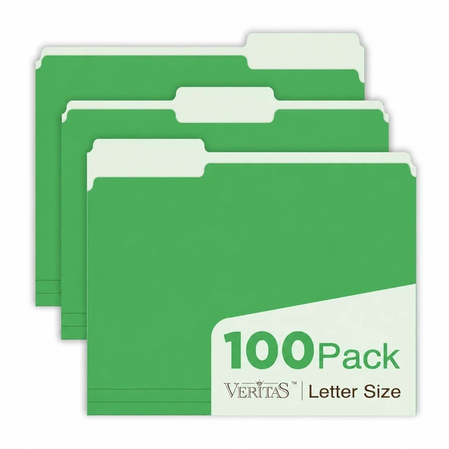 Main image of Green File Folders 100 Pack, Letter Size 8.5 x 11, 1/3-Cut Tab Colored File Folders, Durable Everyday Folders for Office, School, Home & Business Filing Supplies