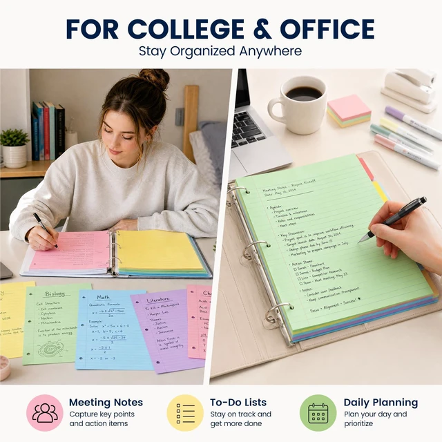 Alt view image 4 of 7 - 300Sheets Loose Leaf Paper, 8 x 10.5Inch Filler Notebook Lined Paper Wide Ruled, 5 Color, 3 Hole Punch Lined Writing Notebook for 3 Ring Binders for College Essentials School Office Supplies