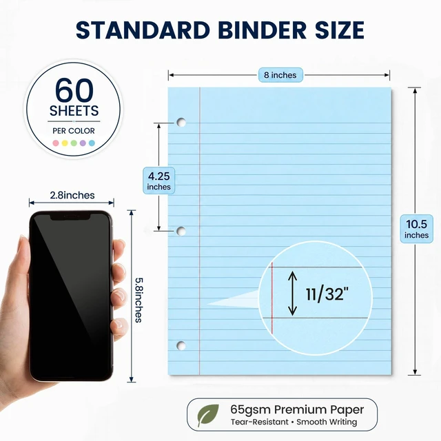 Alt view image 6 of 7 - 300Sheets Loose Leaf Paper, 8 x 10.5Inch Filler Notebook Lined Paper Wide Ruled, 5 Color, 3 Hole Punch Lined Writing Notebook for 3 Ring Binders for College Essentials School Office Supplies