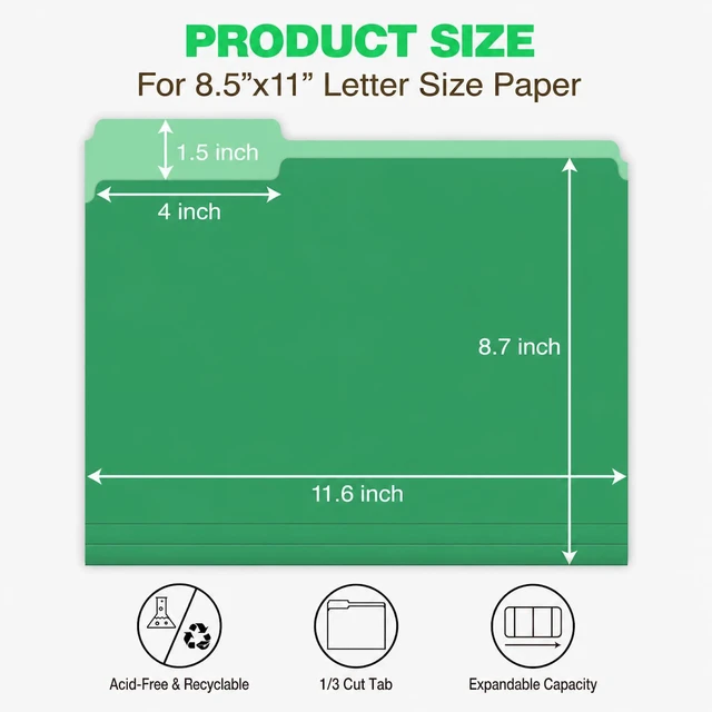 Alt view image 2 of 6 - Green File Folders 100 Pack, Letter Size 8.5 x 11, 1/3-Cut Tab Colored File Folders, Durable Everyday Folders for Office, School, Home & Business Filing Supplies