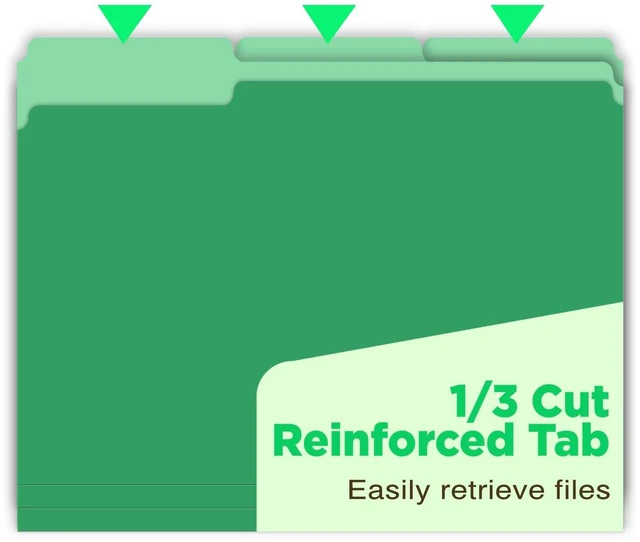 Alt view image 3 of 6 - Green File Folders 100 Pack, Letter Size 8.5 x 11, 1/3-Cut Tab Colored File Folders, Durable Everyday Folders for Office, School, Home & Business Filing Supplies
