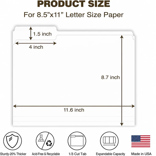 Alt view image 2 of 6 - White File Folders 100 Pack, Letter Size 8.5 x 11, 1/3-Cut Tab Folders, 12PT Durable Paper Folders for Office, School & Home Filing, Made in USA