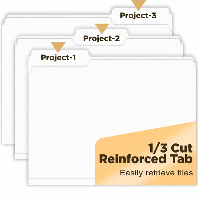 Alt view image 4 of 6 - White File Folders 100 Pack, Letter Size 8.5 x 11, 1/3-Cut Tab Folders, 12PT Durable Paper Folders for Office, School & Home Filing, Made in USA