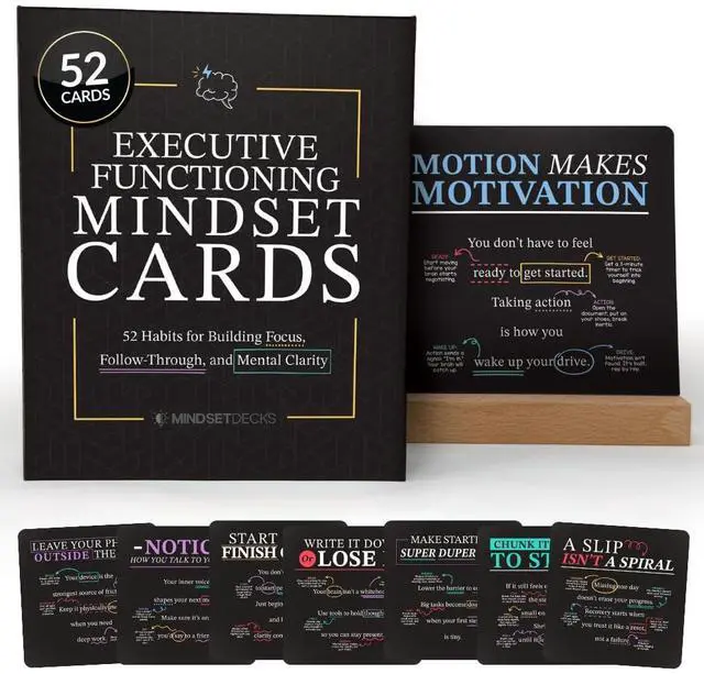 Main image of Executive Functioning Mindset Cards 52 Daily Habit Cards for Focus, Organization & Follow Through for Kids, Teens & Adults Includes Wooden Display Stand Gift for Teachers & Parents