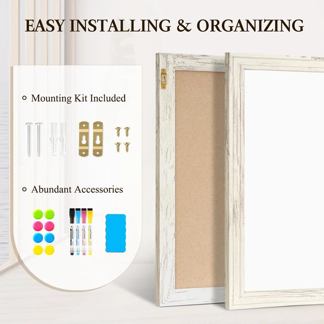 Alt view image 5 of 7 - Dry Erase Board, 36" x 24" Magnetic Whiteboard, Vintage White Wood Framed Decorative White Board, Wall-Mounted Notice Board, For School, Office, Home, 8 Magnets 4 Markers 1 Eraser