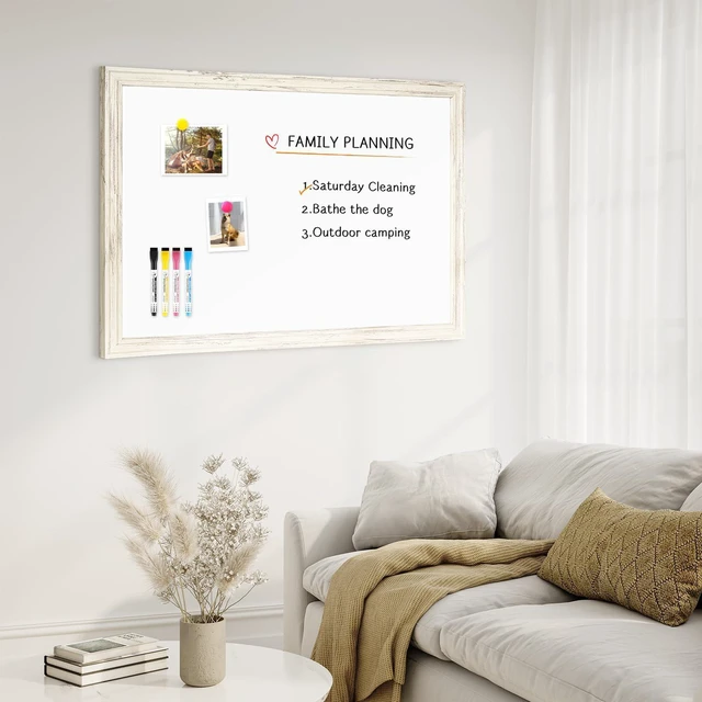 Alt view image 6 of 7 - Dry Erase Board, 36" x 24" Magnetic Whiteboard, Vintage White Wood Framed Decorative White Board, Wall-Mounted Notice Board, For School, Office, Home, 8 Magnets 4 Markers 1 Eraser