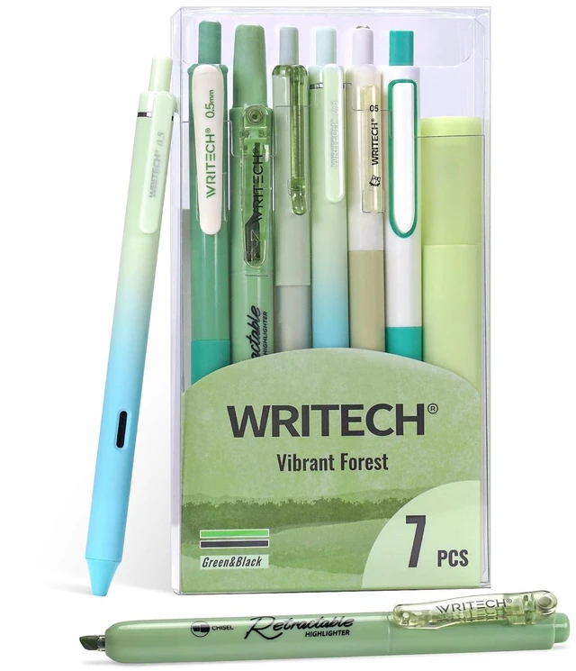 Main image of Gel Pens Journaling Highlighters: 0.5 & 0.7mm Green Journal Set 7ct Black & Multicolor Pen Highlighter No Bleed Smooth Writing for Drawing Journaling Teachers Nurses Office Gift
