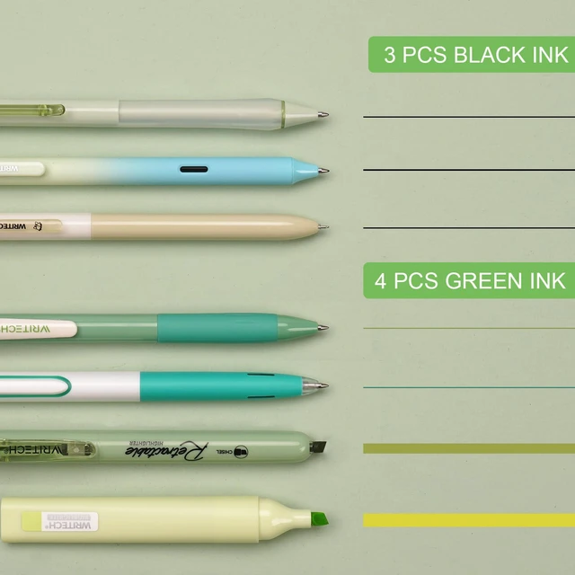 Alt view image 2 of 7 - Gel Pens Journaling Highlighters: 0.5 & 0.7mm Green Journal Set 7ct Black & Multicolor Pen Highlighter No Bleed Smooth Writing for Drawing Journaling Teachers Nurses Office Gift