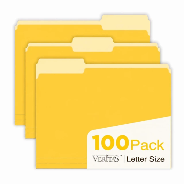 Main image of Yellow File Folders 100 Pack, Letter Size 8.5 x 11, 1/3-Cut Tab Colored File Folders, Durable Everyday Folders for Office, School, Home & Business Filing Supplies