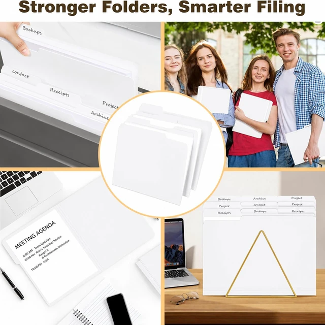 Alt view image 6 of 6 - White File Folders 100 Pack, Letter Size 8.5 x 11, 1/3-Cut Tab Folders, 12PT Durable Paper Folders for Office, School & Home Filing, Made in USA