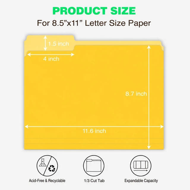 Alt view image 2 of 6 - Yellow File Folders 100 Pack, Letter Size 8.5 x 11, 1/3-Cut Tab Colored File Folders, Durable Everyday Folders for Office, School, Home & Business Filing Supplies