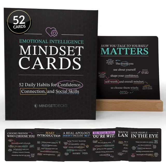 Main image of Emotional Intelligence Mindset Cards 52 Daily Habits for Confidence, Connection & Social Skills for Kids, Teens & Adults Includes Wooden Display Stand Gift for Teachers & Parents