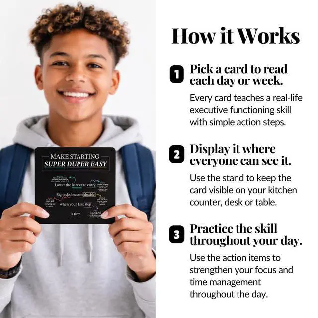 Alt view image 6 of 7 - Executive Functioning Mindset Cards 52 Daily Habit Cards for Focus, Organization & Follow Through for Kids, Teens & Adults Includes Wooden Display Stand Gift for Teachers & Parents