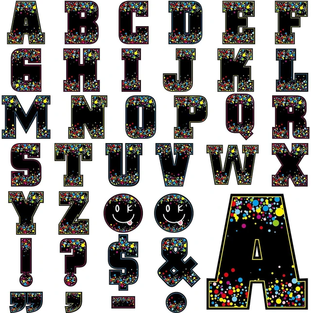 Main image of 136 Pcs 12 Inch Extra Large Bulletin Board Letter Classroom Wall Decor Confetti Black, Giant Alphabet Cutout Letter, Big Sticker, Punctuation with Adhesive Dot, Colorful Poster Decal School Decor