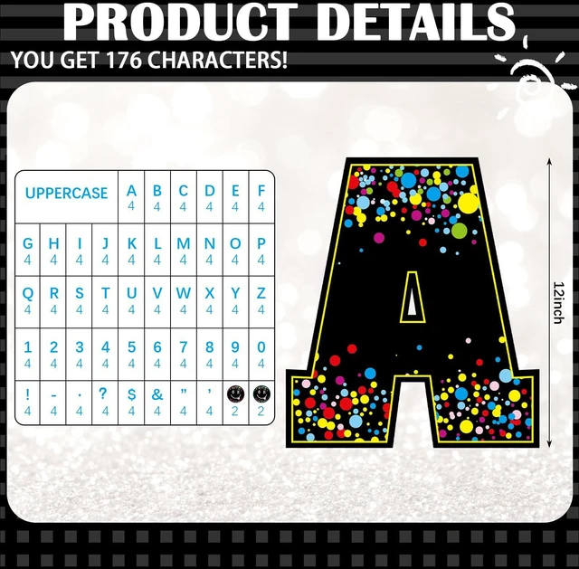 Alt view image 2 of 6 - 136 Pcs 12 Inch Extra Large Bulletin Board Letter Classroom Wall Decor Confetti Black, Giant Alphabet Cutout Letter, Big Sticker, Punctuation with Adhesive Dot, Colorful Poster Decal School Decor