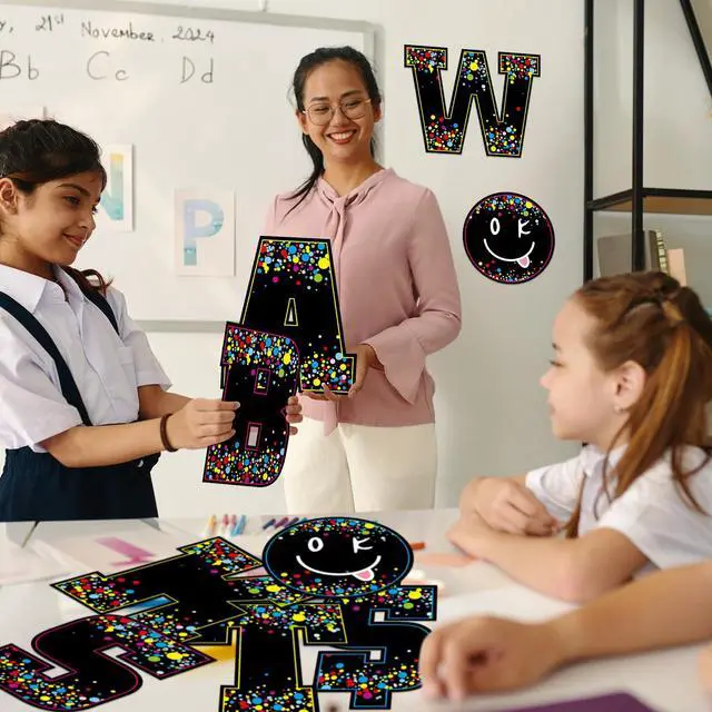 Alt view image 3 of 6 - 136 Pcs 12 Inch Extra Large Bulletin Board Letter Classroom Wall Decor Confetti Black, Giant Alphabet Cutout Letter, Big Sticker, Punctuation with Adhesive Dot, Colorful Poster Decal School Decor