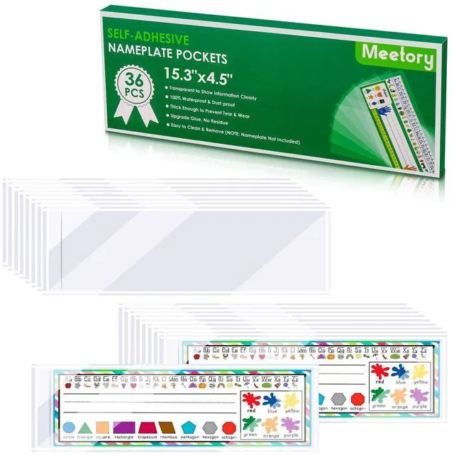 Main image of 36 PCS Upgraded Nameplate Pocket, 15.3'' x 4.5'' Self Adhesive Desk Nameplates Name Tag Pocket,No Residue Clear Plastic View Name Tag Sleeves for Classroom Desk, Office Supplies (15.3 x 4.5'')
