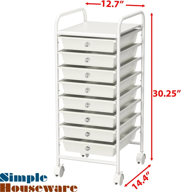 Alt view image 3 of 7 - 8 Drawers Rolling Utility Cart Art Craft Storage, White 1-Column, 30.25" Height, Lockable Wheels, for School, Office, Art Craft, and Paper Storage