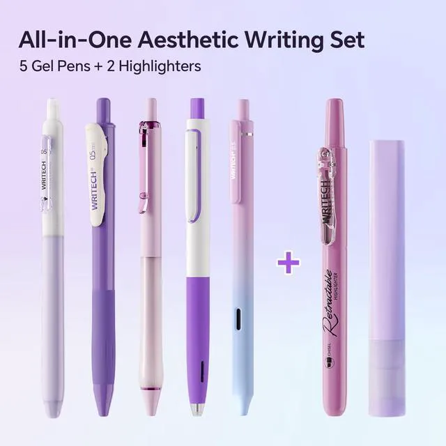 Alt view image 4 of 7 - Gel Pens Journaling Highlighters: 0.5 &0.7mm Purple Journal Set 7ct Black & Multicolor Pen Highlighter No Bleed Smooth Writing for Drawing Journaling Teachers Nurses Office Gift