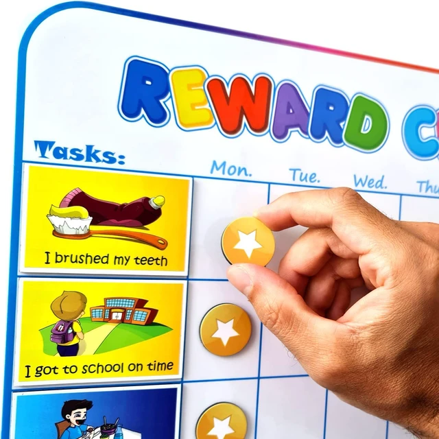 Main image of Large Magnetic Reward Chart for Kids - 127 Pre-Written Stickers (Including Potty Training) + 30 Customizable Chores - Behavior, Responsibility & Incentive Routine Star Chart for Fridge (1 Kid Version)