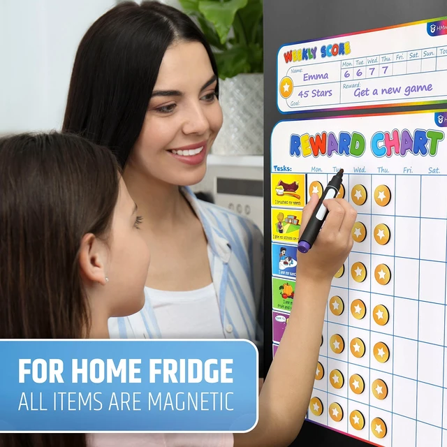Alt view image 2 of 7 - Large Magnetic Reward Chart for Kids - 127 Pre-Written Stickers (Including Potty Training) + 30 Customizable Chores - Behavior, Responsibility & Incentive Routine Star Chart for Fridge (1 Kid Version)