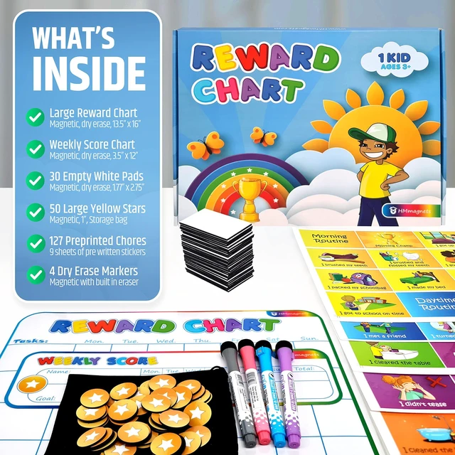 Alt view image 6 of 7 - Large Magnetic Reward Chart for Kids - 127 Pre-Written Stickers (Including Potty Training) + 30 Customizable Chores - Behavior, Responsibility & Incentive Routine Star Chart for Fridge (1 Kid Version)