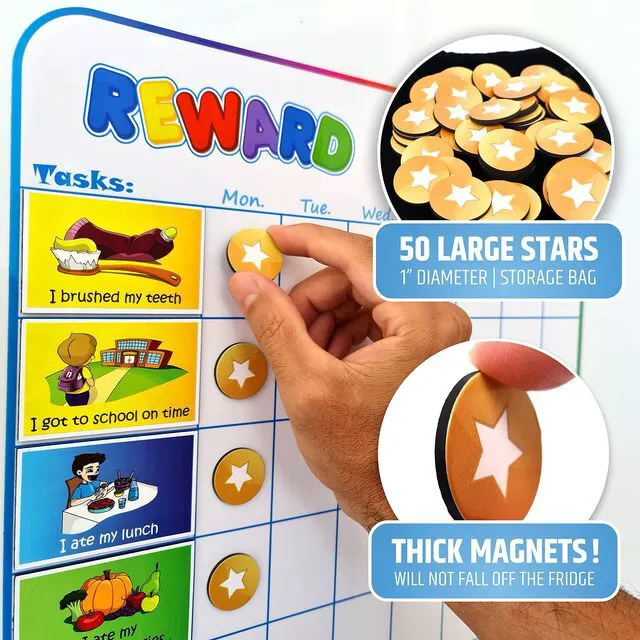 Alt view image 7 of 7 - Large Magnetic Reward Chart for Kids - 127 Pre-Written Stickers (Including Potty Training) + 30 Customizable Chores - Behavior, Responsibility & Incentive Routine Star Chart for Fridge (1 Kid Version)