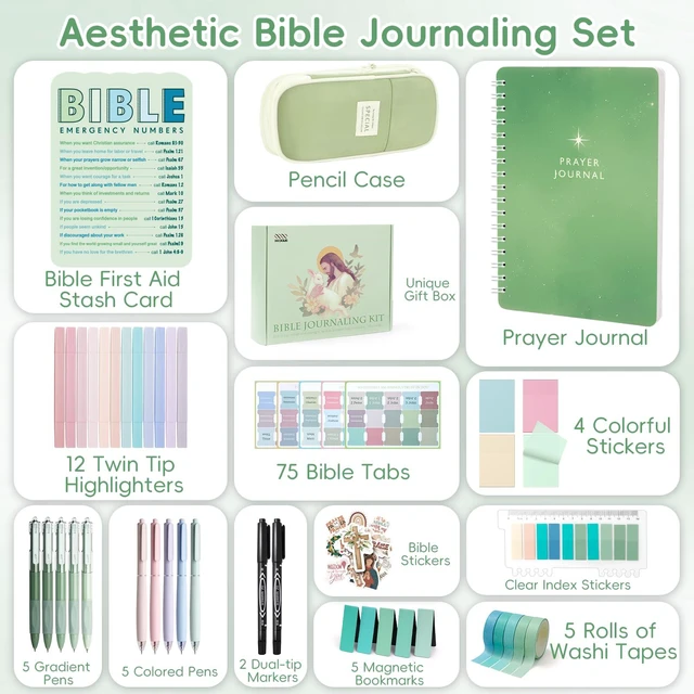 Alt view image 7 of 7 - 50 Bible Study Supplies Journaling Kit with Journal and Case, Green Bible Study Journaling Kit for Women, Deluxe Gift Box with Bible Accessories Helps Highlight Verses, Organize Notes