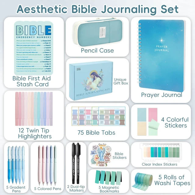 Alt view image 7 of 7 - 50 Bible Study Supplies Journaling Kit with Journal and Case, Blue Bible Study Journaling Kit for Women, Deluxe Gift Box with Bible Accessories Helps Highlight Verses, Organize Notes