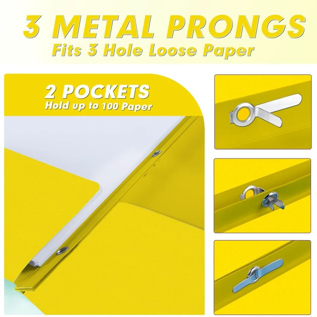 Alt view image 3 of 7 - 30 Pack Two Pocket Paper Folders with Prongs, Letter Size (Yellow) 3 Prong Folders with Pockets, Paper, 3 Hole Punched, For School, Office, Home, Business