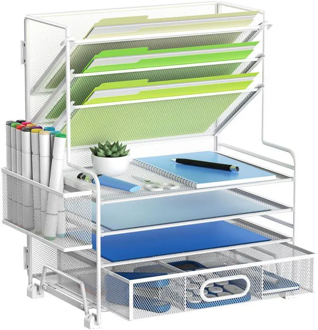 Main image of 4-Tier Paper Organizer + 3-Pocket File Holder + Drawer + Pen Holders, Desktop File Organizers Paper Tray for Office Supplies School Classroom Organization (White, with Drawer & Pen Holder)