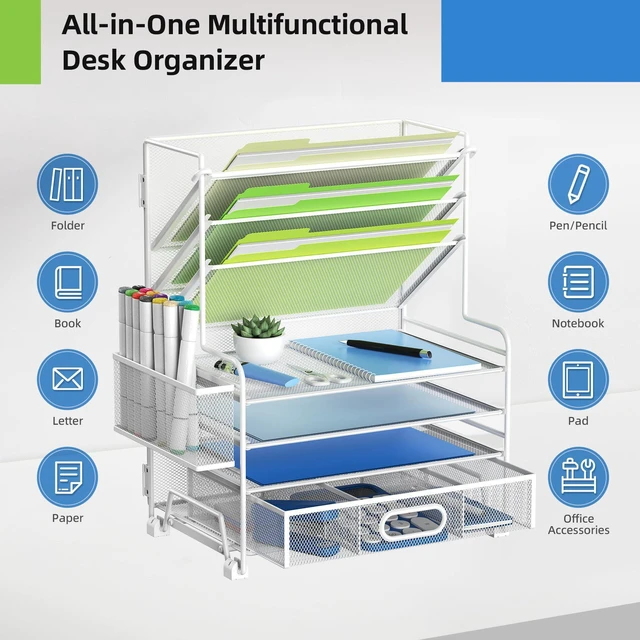 Alt view image 2 of 6 - 4-Tier Paper Organizer + 3-Pocket File Holder + Drawer + Pen Holders, Desktop File Organizers Paper Tray for Office Supplies School Classroom Organization (White, with Drawer & Pen Holder)