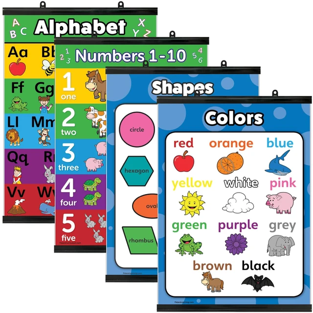 Main image of 4 pack - ABC Alphabet + Numbers 1-10 + Shapes + Colors Poster Set - Toddler Educational Charts (LAMINATED, 18" x 24")
