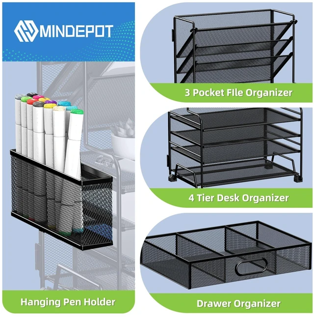 Alt view image 4 of 6 - 4-Tier Paper Organizer + 3-Pocket File Holder + Drawer + Pen Holders, Desktop File Organizers Paper Tray for Office Supplies School Classroom Organization (White, with Drawer & Pen Holder)