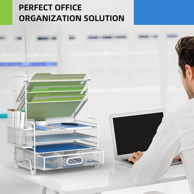 Alt view image 5 of 6 - 4-Tier Paper Organizer + 3-Pocket File Holder + Drawer + Pen Holders, Desktop File Organizers Paper Tray for Office Supplies School Classroom Organization (White, with Drawer & Pen Holder)