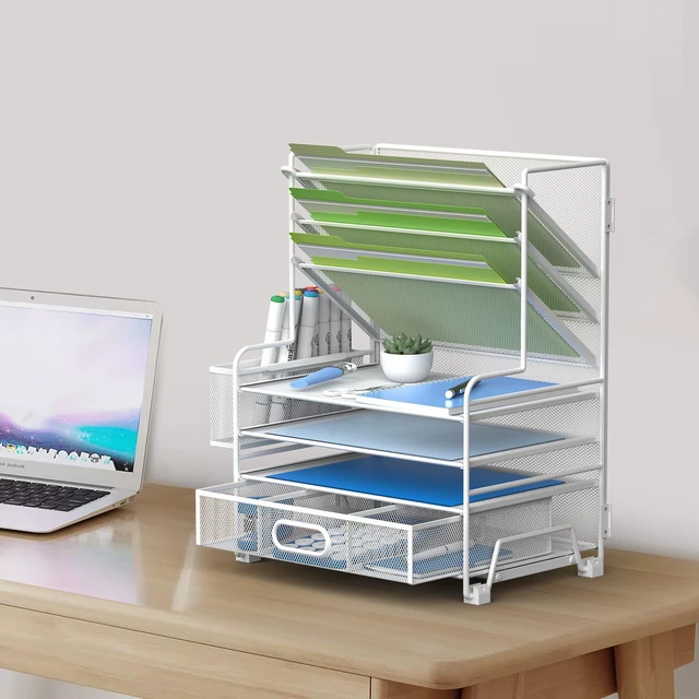 Alt view image 6 of 6 - 4-Tier Paper Organizer + 3-Pocket File Holder + Drawer + Pen Holders, Desktop File Organizers Paper Tray for Office Supplies School Classroom Organization (White, with Drawer & Pen Holder)
