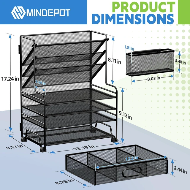 Alt view image 3 of 6 - 4-Tier Paper Organizer + 3-Pocket File Holder + Drawer + Pen Holders, Desktop File Organizers Paper Tray for Office Supplies School Classroom Organization (White, with Drawer & Pen Holder)
