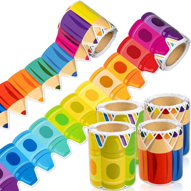 Main image of 104ft Bulletin Board Border Decorations - 4 Rolls Rainbow Pencil Crayon Border Trim for School Classroom Chalkboard Bulletin Board Wall Window Door Decor