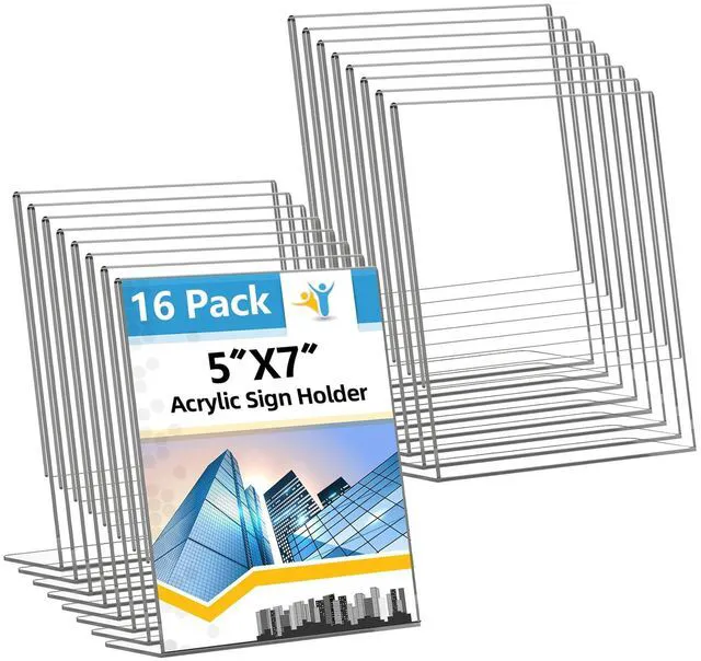 Main image of Acrylic Sign Holder 5x7 Inches, 16 Pack Clear Plastic Table Paper Display Stand, L-Shape Vertical Menu Holder Stand, Clear Picture Photo Flyer Display Stand for Restaurants, Store Show, Office Desktop