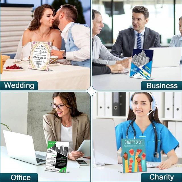 Alt view image 6 of 7 - Acrylic Sign Holder 5x7 Inches, 16 Pack Clear Plastic Table Paper Display Stand, L-Shape Vertical Menu Holder Stand, Clear Picture Photo Flyer Display Stand for Restaurants, Store Show, Office Desktop