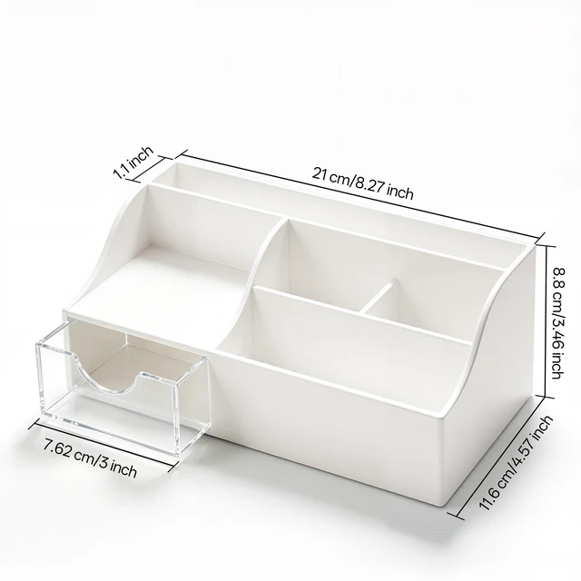 Alt view image 2 of 7 - Acrylic Desk Organizer with Drawer, Pen & Pencil Holder, Multifunctional Desktop Caddy for Office Supply and Organization (White, 2 Pack)