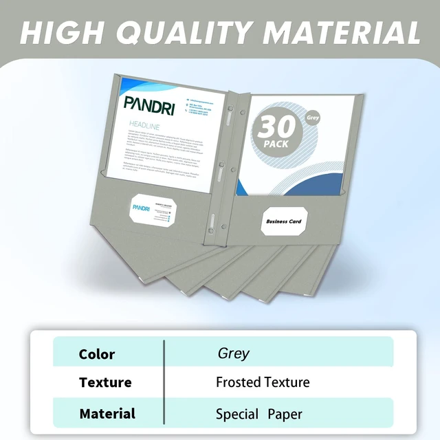 Alt view image 2 of 7 - 30 Pack Two Pocket Paper Folders with Prongs, Letter Size (Grey) 3 Prong Folders with Pockets, Paper, 3 Hole Punched, For School, Office, Home, Business