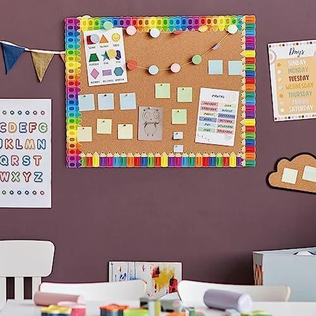 Alt view image 2 of 7 - 104ft Bulletin Board Border Decorations - 4 Rolls Rainbow Pencil Crayon Border Trim for School Classroom Chalkboard Bulletin Board Wall Window Door Decor