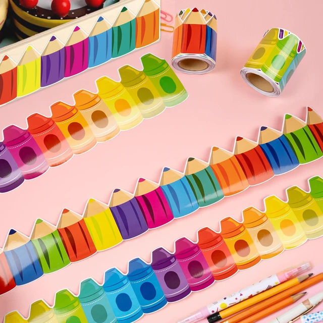 Alt view image 5 of 7 - 104ft Bulletin Board Border Decorations - 4 Rolls Rainbow Pencil Crayon Border Trim for School Classroom Chalkboard Bulletin Board Wall Window Door Decor