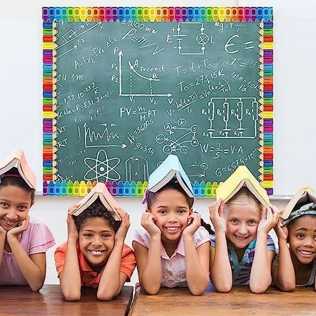 Alt view image 6 of 7 - 104ft Bulletin Board Border Decorations - 4 Rolls Rainbow Pencil Crayon Border Trim for School Classroom Chalkboard Bulletin Board Wall Window Door Decor