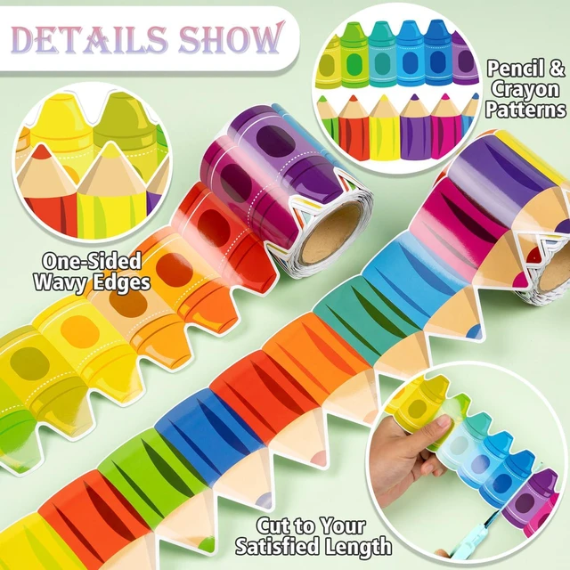 Alt view image 4 of 7 - 104ft Bulletin Board Border Decorations - 4 Rolls Rainbow Pencil Crayon Border Trim for School Classroom Chalkboard Bulletin Board Wall Window Door Decor