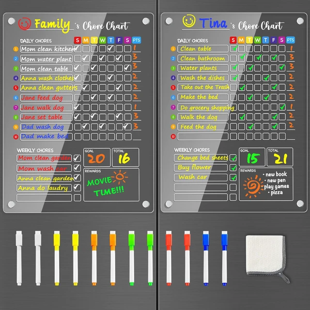 Main image of Acrylic Magnetic Chore Chart for Kids, Large 12x16 Inch, 2 Pack Clear Dry Erase Fridge Chore and Reward Board for Multiple Kids and Teens; Embedded Magnets; 12 Wet-Erase Markers and Towel